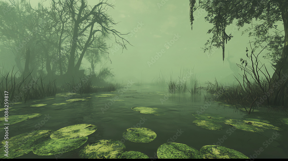 Poster exploring a mysterious swamp at dawn with large floating plants and thick fog enveloping the landsca