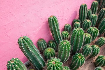 A cluster of green cacti arranged in a pattern on a bright pink surface, abstract art, minimalist decor