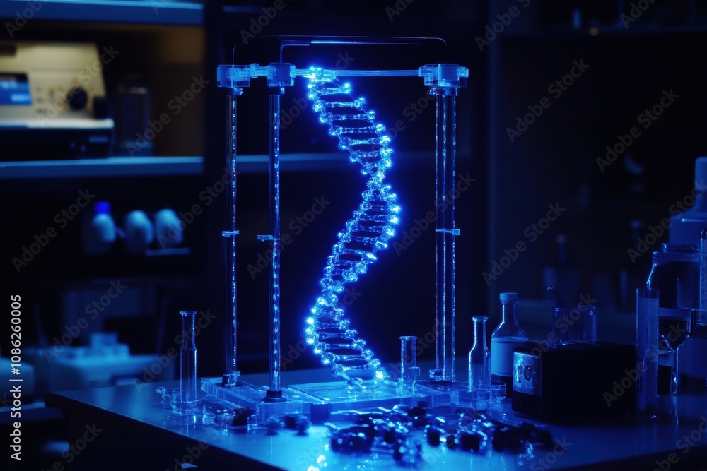 Poster a detailed dna model emits blue light while various lab equipment is arranged around it in a contemp
