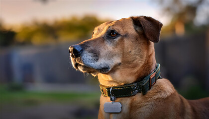 A picture of a dog wearing a necklace with a name tag
