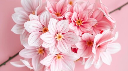 A cluster of delicate, abstract flowers with intricate petal patterns and soft pastel hues in a serene pink background, springtime blossoms, abstract flowers
