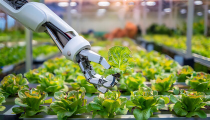 Robotic arm harvesting hydroponic vegetables or lettuce in a smart farm