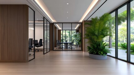 Obraz premium Modern office interior with glass walls and lush greenery.