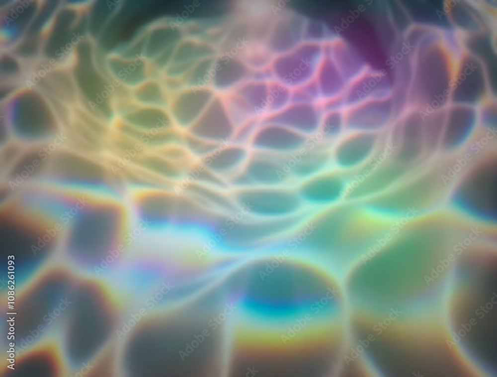 Poster Captivating abstract illustration featuring iridescent ripples and overlapping bubbles in soft hues of blue, rainbow, and white. The design evokes a dreamy, fluid, and ethereal underwater atmosphere.