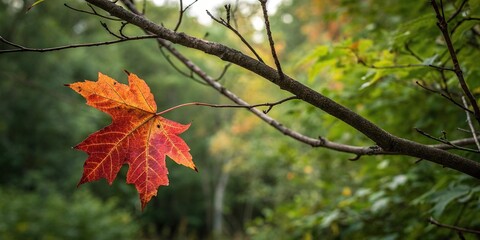 Fototapeta premium A lone leaf clings to a branch in autumnal hues, set against a lush green backdrop of foliage, foliage, nature background