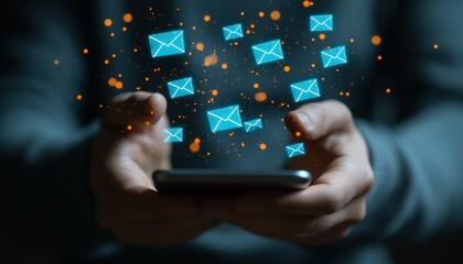 Virtual email marketing dashboard on a smartphone screen, with a businessman viewing automated email insights and engagement analytics to boost customer retention and loyalty