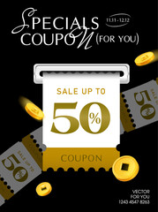 3d coupon is being printed from a slot, with percent price off, coupon code, golden coins flying, isolated on dark background. Print Gift voucher vector banner template for discount event. Vector
