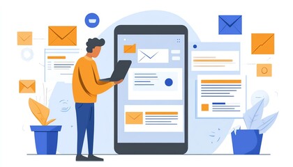 Virtual email marketing dashboard on a smartphone screen, with a businessman viewing automated email insights and engagement analytics to boost customer retention and loyalty