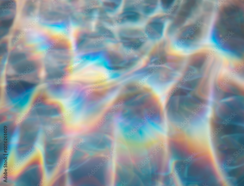 Poster Captivating abstract illustration featuring iridescent ripples and overlapping bubbles in soft hues of blue, rainbow, and white. The design evokes a dreamy, fluid, and ethereal underwater atmosphere.