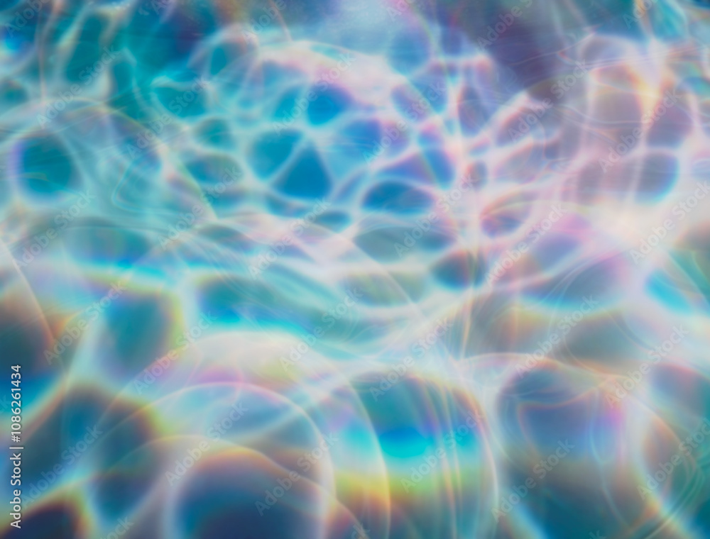Poster Captivating abstract illustration featuring iridescent ripples and overlapping bubbles in soft hues of blue, rainbow, and white. The design evokes a dreamy, fluid, and ethereal underwater atmosphere.