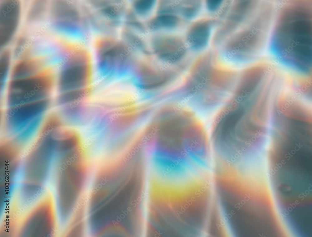 Poster Captivating abstract illustration featuring iridescent ripples and overlapping bubbles in soft hues of blue, rainbow, and white. The design evokes a dreamy, fluid, and ethereal underwater atmosphere.