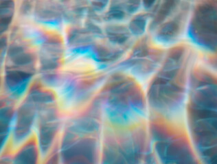 Captivating abstract illustration featuring iridescent ripples and overlapping bubbles in soft hues of blue, rainbow, and white. The design evokes a dreamy, fluid, and ethereal underwater atmosphere.