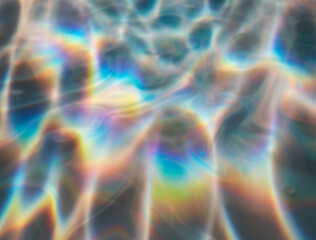 Captivating abstract illustration featuring iridescent ripples and overlapping bubbles in soft hues of blue, rainbow, and white. The design evokes a dreamy, fluid, and ethereal underwater atmosphere.