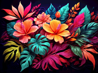 abstract Neon bouquet of tropical flowers and leaves. Psychedelic floral composition