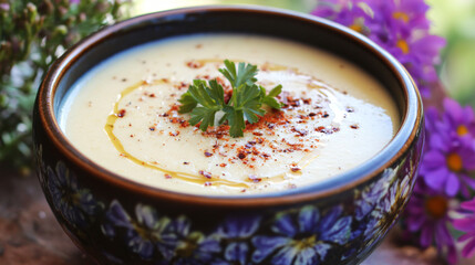 A bowl of pumpkin soup with a topping of feta cheese and a sprinkle of sunflower seeds.