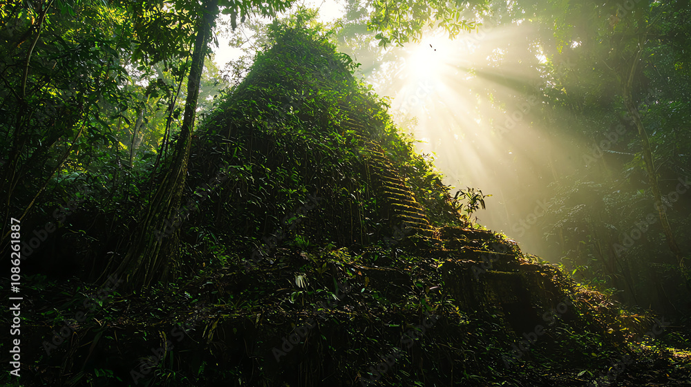 Poster mysterious jungle pyramid shrouded in vines and illuminated by rays of sunlight filtering through de