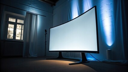 Fototapeta premium An isolated curved screen monitor in a dimly lit room with soft blue lighting and subtle shadows, Subtle Shadows, Dimly Lit Room