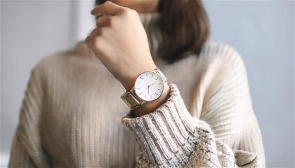 a photograph of a woman wearing a sweater with a sophisticated watch on her wrist