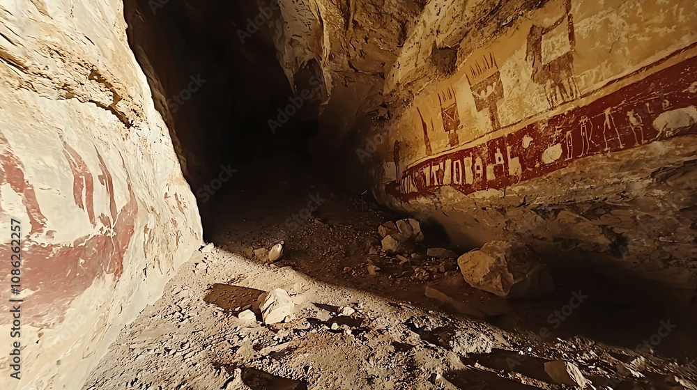 Poster exploring an untouched canyon with vibrant rock formations and ancient artwork illuminated by soft n