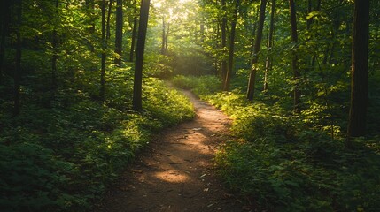 Fototapeta premium Serene Forest Pathway Bathed in Soft Morning Light