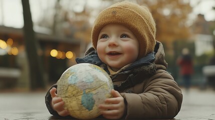 Naklejka premium A little boy in a brown jacket and a knitted beanie hat looks up and smiles while holding a globe.