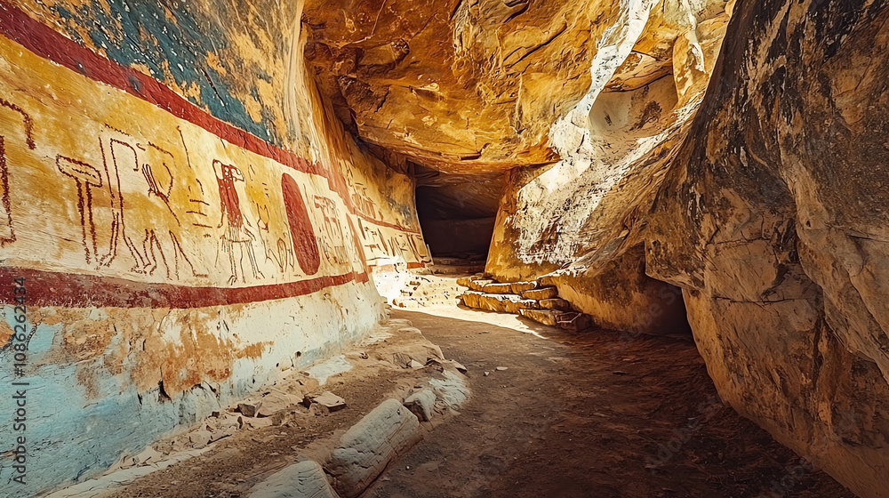 Poster exploring a vibrant canyon with colorful rock layers and ancient petroglyphs in a remote wilderness