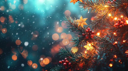 beautiful Christmas theme background featuring decorated tree with sparkling lights, ornaments, and soft snowfall, creating warm and festive atmosphere