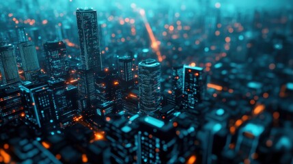 Fototapeta premium A captivating aerial view of a modern cityscape illuminated at night, showcasing towering skyscrapers and vibrant lights.