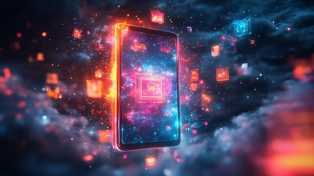 Futuristic phone with glowing apps, digital data, and energy.