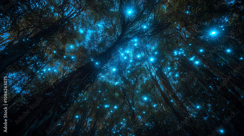 Poster exploring an untouched forest canopy illuminated by strange bioluminescent features in a mystical ni