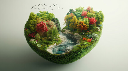 vibrant micro world featuring lush greenery, colorful trees, and serene river flowing through picturesque landscape. This enchanting scene evokes sense of tranquility and harmony with nature