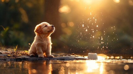A golden puppy gazes at sunlight reflecting off water droplets, creating a serene and joyful atmosphere.