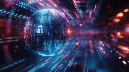 Obraz premium futuristic digital sphere representing cybersecurity, surrounded by vibrant data streams and glowing lights, evokes sense of advanced technology and protection