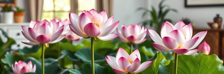 Fototapeta premium A stunning shot of multiple fully opened lotus flowers in a peaceful and serene home environment, elegant flowers, lotus flower full bloom, fully opened lotus flowers