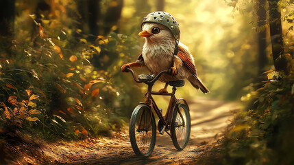 A small bird in a helmet rides a tiny bicycle down a sunlit forest path surrounded by greenery