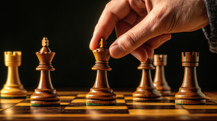 hand moves chess piece on wooden chessboard, showcasing strategic moment in game. contrast between light and dark pieces adds to intensity of scene