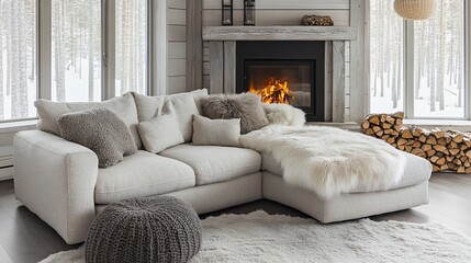 Fototapeta premium Cozy sectional sofa in snowy cabin living room with fireplace.