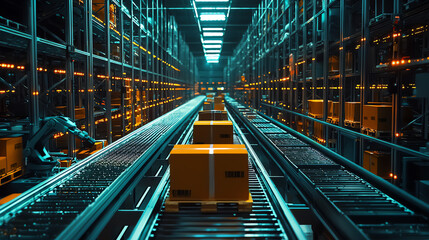 An automated warehouse featuring robotic pickers handling packages on conveyor belts during evening hours