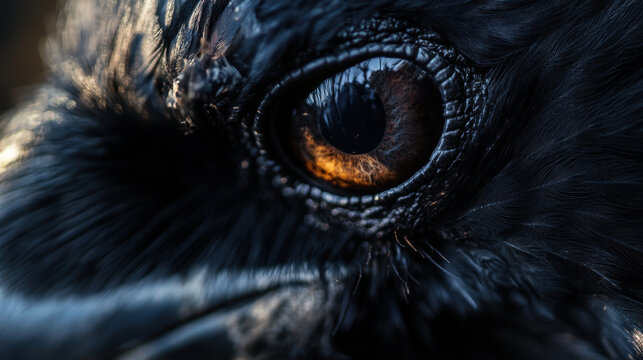 Extreme close up of black ravens eye, showcasing intricate details and textures. rich colors and sharp focus highlight beauty and intensity of this magnificent bird