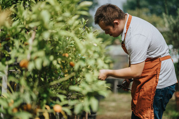 A young gardener with down syndrome is carefully tending to plants in a lush outdoor garden,...