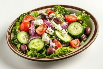 Classic Greek Salad with Feta Cheese, Olives, Cucumber, Tomatoes, Red Onions, and a Light Mediterranean Dressing