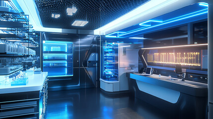 Advanced biotechnology lab featuring gene editing equipment and modern research technologies in a sleek, high-tech environment