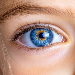 Fototapeta premium Blue-eyed Beauty: Close-up of Young Girl's Eye for Panoramic Web Banner with Copy Space