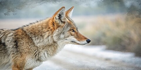 Obraz premium Close-up coyote watercolor painting with blurred background, blurred background, coyote, , watercolor, coyote portrait