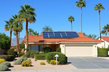 Fototapeta premium Single-Story Suburban House with Beige Exterior, Red-Tiled Roof, and Solar Panels Installed, Capturing Modern Eco-Friendly Living 