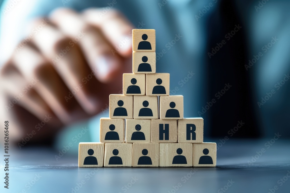 Poster building a workforce structure with wooden blocks representing human resources functionality and tea