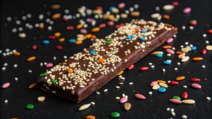 Fototapeta premium Close-up of a chocolate bar covered in colorful sprinkles and sesame seeds on a black background, colorful sprinkles, sesame seeds, colorful candy