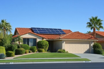Naklejka premium Single-Story Suburban House with Beige Exterior, Red-Tiled Roof, and Solar Panels Installed, Capturing Modern Eco-Friendly Living 