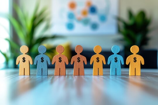 Colorful wooden figures with dollar signs represent diverse financial concepts in a modern office setting, symbolizing investment, savings, and wealth management strategies.