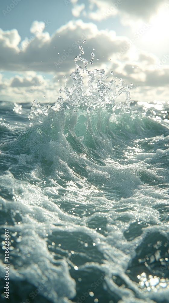 Poster a close-up of ocean waves splashing under a cloudy sky.
